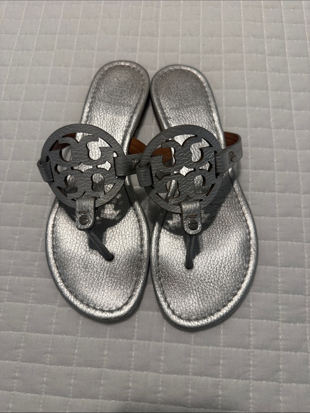 Tory Burch Metallic Silver Logo Thong Sandals